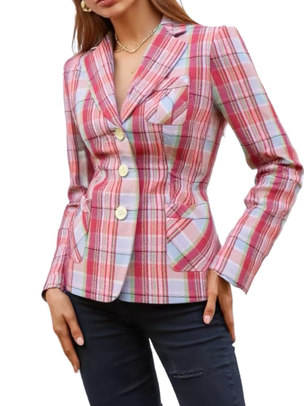 Tommy Hilfiger Vintage Cotton Pink & Red Plaid Tailored Blazer Size 4